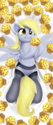 Size: 633x1500 | Tagged: safe, artist:moonlitbrush, derpy hooves, pegasus, pony, body pillow, body pillow design, clothes, commission, female, food, garter belt, lace, lingerie, mare, muffin, sleeping, solo, stockings, thigh highs, tights