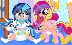 Size: 1024x637 | Tagged: safe, artist:cuddlelamb, princess cadance, princess celestia, shining armor, human, babies, baby, cute, cutedance, diaper, female, humanized, male, pacifier, plushie, poofy diaper, shiningcadance, shipping, straight, younger