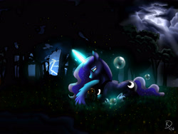 Size: 3600x2700 | Tagged: safe, artist:theoddlydifferentone, princess luna, alicorn, firefly (insect), owl, pony, bubble, crepuscular rays, forest, lightning, magic, moon, night, prone, protecting, solo