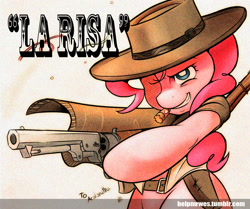 Size: 2000x1672 | Tagged: safe, artist:mrw32, pinkie pie, earth pony, pony, cigar, clothes, cowboy hat, gun, hat, parody, poncho, western