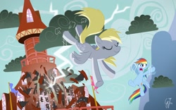 Size: 1920x1200 | Tagged: safe, artist:glancojusticar, derpy hooves, rainbow dash, pegasus, pony, the last roundup, bucking, cloud, cloudy, deleted scene, duo, eyes closed, female, lightning, mare, ponyville, ponyville town hall, scene interpretation, show accurate, stormcloud, town hall