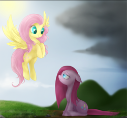 Size: 600x556 | Tagged: safe, artist:mn27, fluttershy, pinkie pie, earth pony, pegasus, pony, colored pupils, duo, pinkamena diane pie, sad, smiling