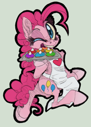 Size: 600x844 | Tagged: safe, artist:xenon, pinkie pie, earth pony, pony, apron, bipedal, clothes, cupcake, female, looking at you, mare, solo, wink