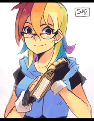 Size: 423x542 | Tagged: safe, artist:suikuzu, rainbow dash, book, glasses, humanized, rainbow dork