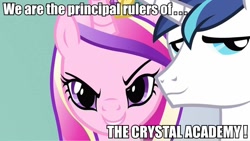 Size: 960x540 | Tagged: safe, dean cadance, princess cadance, shining armor, equestria girls, friendship games, alumnus shining armor, evil grin, hilarious in hindsight, image macro, meme, principal cadance