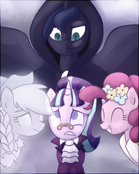Size: 840x1050 | Tagged: safe, artist:xwreathofroses, applejack, pinkie pie, princess luna, snowfall frost, spirit of hearth's warming past, starlight glimmer, alicorn, earth pony, pony, a hearth's warming tail, spirit of hearth's warming presents, spirit of hearth's warming yet to come
