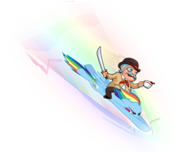 Size: 809x700 | Tagged: safe, artist:elbruno3593, rainbow dash, human, britain, british, crossover, henry hatsworth, henry hatsworth in the puzzling adventure, riding, simple background, sonic rainboom, sword, tea, tea time, transparent background, vector