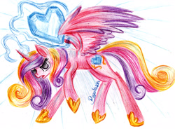 Size: 3333x2455 | Tagged: safe, artist:julunis14, princess cadance, alicorn, pony, crystal heart, solo, traditional art