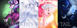 Size: 3992x1465 | Tagged: safe, artist:tiffytoons, applejack, pinkie pie, princess luna, snowfall frost, spirit of hearth's warming past, starlight glimmer, alicorn, earth pony, pony, a hearth's warming tail, spirit of hearth's warming presents, spirit of hearth's warming yet to come