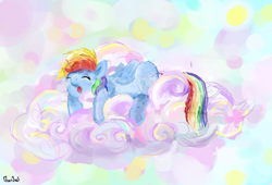 Size: 1912x1300 | Tagged: safe, artist:queridoor, rainbow dash, pegasus, pony, cloud, cloudy, sleeping