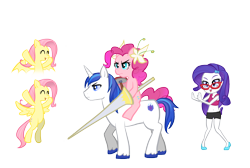 Size: 1756x1181 | Tagged: safe, artist:amida murasaki, fluttershy, pinkie pie, rarity, shining armor, equestria girls, flutterbat, glasses, midriff, pixiv, polearm, ponies riding ponies, rarity's glasses, square crossover, wat