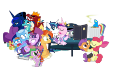 Size: 1100x647 | Tagged: safe, artist:dm29, apple bloom, boulder (pet), garble, maud pie, princess cadance, princess ember, princess flurry heart, princess luna, rainbow dash, shining armor, snowfall frost, spike, starlight glimmer, sunburst, tender taps, trixie, alicorn, dragon, pegasus, pony, unicorn, a hearth's warming tail, gauntlet of fire, newbie dash, no second prances, on your marks, the crystalling, the gift of the maud pie, backwards cutie mark, beach chair, clothes, crossing the memes, cutie mark, dancing, emble, female, filly, garble's hugs, hat, hearth's warming, male, mare, meme, menu, now you're thinking with portals, portal, present, rainbow trash, shipping, simple background, sofa, spirit of hearth's warming yet to come, straight, tenderbloom, the cmc's cutie marks, the story so far of season 6, this isn't even my final form, top hat, transparent background, trash can, wall of tags, wonderbolts uniform