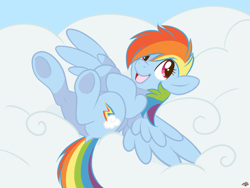 Size: 1024x768 | Tagged: safe, artist:fizzy-dog, rainbow dash, pegasus, pony, cloud, cloudy, cute, dashabetes, happy, looking at you, on a cloud, on back, smiling, solo, spread wings, underhoof, wings