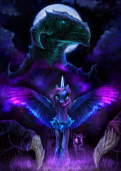 Size: 1024x1448 | Tagged: safe, artist:elkaart, princess luna, alicorn, dragon, pony, dark, glow, solo focus