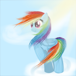 Size: 900x900 | Tagged: safe, artist:moonsharddragon, rainbow dash, pegasus, pony, cloud, female, folded wings, mare, raised hoof, sky, smiling, solo, windswept mane, wings