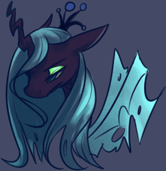 Size: 381x393 | Tagged: dead source, safe, artist:marshmellowcannibal, queen chrysalis, changeling, changeling queen, bust, crown, female, horn, jewelry, portrait, regalia, simple background, solo, wings