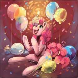 Size: 660x660 | Tagged: safe, artist:caramelbrulee, pinkie pie, earth pony, pony, balloon, confetti, cupcake, solo