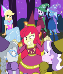 Size: 1960x2296 | Tagged: safe, artist:succubi samus, derpibooru import, apple bloom, applejack, diamond tiara, silver spoon, starlight glimmer, trixie, equestria girls, for whom the sweetie belle toils, look before you sleep, beads, campfire, cape, clothes, commission, costume, cute, dress, ear piercing, earring, fall formal outfits, froufrou glittery lacy outfit, halloween, hat, hennin, holiday, jewelry, looking up, magician outfit, necklace, piercing, princess outfit, scary story, show accurate, sky, stars, tree, trixie's cape, trixie's hat, wand