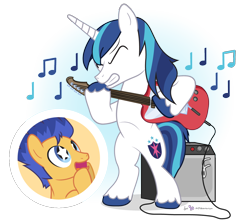 Size: 1110x990 | Tagged: safe, artist:dm29, flash sentry, shining armor, pony, unicorn, amplifier, cute, diasentres, duo, electric guitar, fanboy, guitar, simple background, starry eyes, transparent background