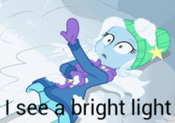 Size: 606x426 | Tagged: safe, derpibooru import, edit, edited screencap, screencap, trixie, better together, equestria girls, holidays unwrapped, animated, caption, clothes, cold, cropped, female, freezing, image macro, left handed, loop, meme, saving pinkie's pie, shivering, solo, text, trixie yells at everything, winter outfit