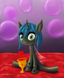 Size: 900x1100 | Tagged: safe, artist:nort1, queen chrysalis, changeling, changeling queen, chalice, heart, sitting, solo