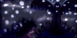 Size: 2437x1200 | Tagged: safe, artist:erikaqwerty, princess luna, snowfall frost, starlight glimmer, alicorn, pony, a hearth's warming tail, cloak, clothes, glowing eyes, scene interpretation, snow, snowfall, spirit of hearth's warming yet to come