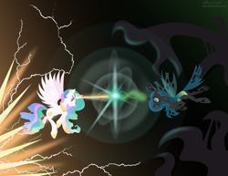 Size: 14039x10850 | Tagged: safe, artist:kellyn28, princess celestia, queen chrysalis, alicorn, changeling, changeling queen, pony, absurd resolution, beam, blast, eye contact, fight, flying, frown, glare, light, lightning, magic, shadow, smirk, spread wings, vector