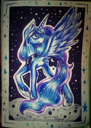 Size: 806x1140 | Tagged: safe, artist:enjal, princess luna, alicorn, pony, female, mare, raised hoof, solo, spread wings, stars, traditional art