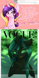 Size: 1280x2560 | Tagged: safe, artist:sugarberry, princess cadance, queen chrysalis, alicorn, changeling, changeling queen, pony, ask, ask-cadance, tumblr, vogue