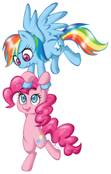 Size: 503x788 | Tagged: safe, artist:dragonmew, pinkie pie, rainbow dash, earth pony, pegasus, pony, blue coat, duo, duo female, female, mare, multicolored mane, pink coat, pink mane, wings