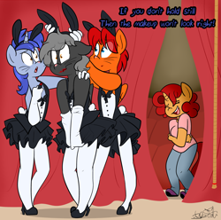 Size: 3229x3197 | Tagged: safe, artist:befishproductions, oc, oc only, oc:aeon of dreams, oc:goldenfox, oc:keyframe, oc:tranzmute, anthro, bat pony, pegasus, unicorn, clothes, crossdressing, female, goldenkey, high heels, high res, laughing, lipstick, male, mare, pantyhose, signature, skirt, skirt pull, stallion, stockings, thigh highs