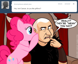 Size: 709x584 | Tagged: safe, pinkie pie, earth pony, human, pony, ask, asklord-caesar, caesar (fallout), duo, fallout: new vegas, female, male, man, mare, speech bubble, tumblr, whispering