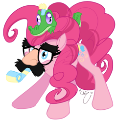 Size: 757x800 | Tagged: safe, artist:chib-bee, gummy, pinkie pie, earth pony, pony, cute, diapinkes, duo, groucho mask, hat, noisemaker, party hat