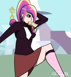 Size: 879x947 | Tagged: safe, artist:gtapia91, princess cadance, human, bread, breasts, clothes, female, hair over one eye, hoofbeat 2, humanized, kneesocks, mouth hold, pixiv, princess cansdance, school uniform, schoolgirl, schoolgirl toast, skirt, smiling, socks, solo, toast