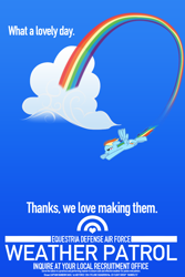 Size: 800x1200 | Tagged: safe, artist:anarchemitis, rainbow dash, pegasus, pony, blue coat, female, mare, multicolored mane, poster, propaganda, solo