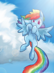 Size: 632x851 | Tagged: safe, artist:ketsuzoku, rainbow dash, pegasus, pony, cloud, female, flying, long tail, looking at you, sky, smiling, solo, spread wings, wings