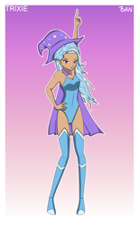 Size: 2000x3250 | Tagged: safe, artist:banquo0, derpibooru import, trixie, human, art pack:my little persona, armpits, bare shoulders, boots, breasts, cape, cleavage, clothes, hat, humanized, leotard, shoes, simple background, solo