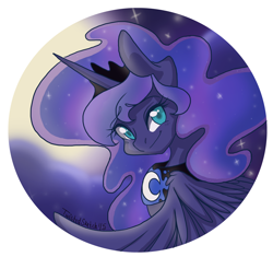 Size: 1280x1205 | Tagged: dead source, safe, artist:twisted-sketch, princess luna, alicorn, pony, button, moon, smiling, smirk, solo