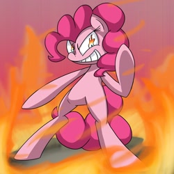 Size: 2000x2000 | Tagged: safe, artist:loosepopcorn, pinkie pie, pony, bipedal, fire, grin, high res, hotblooded pinkie pie