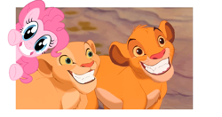 Size: 963x507 | Tagged: safe, pinkie pie, earth pony, pony, crossover, nala, rapeface, simba, smiling, the lion king