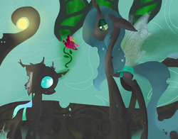 Size: 2000x1567 | Tagged: safe, artist:a-happy-thought, queen chrysalis, changeling, changeling queen, nymph, cute, cutealis, cuteling, duo, female, flower, magic, mommy chrissy