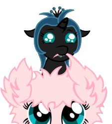 Size: 720x800 | Tagged: safe, artist:bajanic, queen chrysalis, oc, oc:fluffle puff, changeling, changeling queen, nymph, pony, animated, baby, cute, cutealis, drool, duo, duo female, eye shimmer, fangs, female, filly, foal, looking up, nom, pony hat, simple background, smiling, transparent background, younger