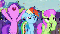 Size: 800x450 | Tagged: safe, edit, edited screencap, screencap, amethyst star, cloud kicker, derpy hooves, dizzy twister, lemon hearts, merry may, orange swirl, rainbow dash, rainbowshine, sparkler, sunshower raindrops, twinkleshine, pegasus, pony, the mysterious mare do well, animated, bipedal, cheering, confetti, floppy ears, frown, glare, hub logo, open mouth, ping pong, pouting, reversed, smiling