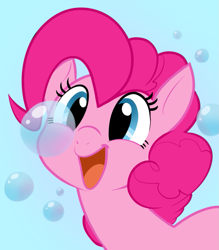 Size: 857x977 | Tagged: safe, artist:sunibee, pinkie pie, earth pony, pony, blue background, bubble, bust, cute, diapinkes, open mouth, ponk, portrait, simple background, solo