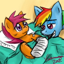 Size: 600x600 | Tagged: safe, artist:veestormcourage, rainbow dash, scootaloo, pegasus, pony, bed, cast, hospital, scootalove, sharpie