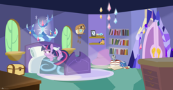 Size: 1950x1020 | Tagged: safe, artist:dm29, flash sentry, shining armor, smarty pants, twilight sparkle, twilight sparkle (alicorn), alicorn, pony, unicorn, bedroom, bedroom eyes, plushie, quill, solo, tree of harmony, twilight's castle