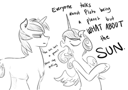 Size: 1280x904 | Tagged: safe, artist:glacierclear, princess cadance, shining armor, alicorn, pony, unicorn, angry, dialogue, faic, monochrome, open mouth, pluto (planet), princess bitchdance, princess cadense, sketch, too dumb to live, yelling