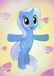 Size: 2479x3500 | Tagged: safe, artist:creativeli3, derpibooru import, trixie, pony, unicorn, bipedal, cute, diatrixes, female, mare, open mouth, solo, teacup, that pony sure does love teacups
