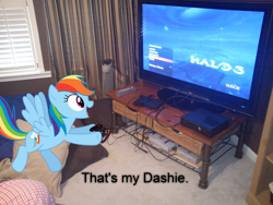 Size: 2592x1944 | Tagged: safe, artist:wincamxp, rainbow dash, pony, game console, halo (series), halo 3, irl, nintendo, nintendo entertainment system, photo, playstation, playstation 2, ponies in real life, super nintendo, television, vector, xbox, xbox 360