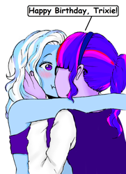 Size: 1222x1688 | Tagged: safe, artist:starwantrix, derpibooru import, edit, sci-twi, trixie, twilight sparkle, equestria girls, female, kissing, lesbian, sci-twixie, shipping, trixie day, twixie